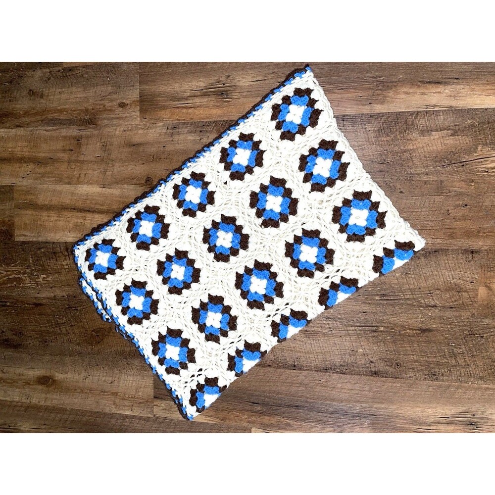 Vintage Original Style Hand Crocheted Granny Square Afghan 55” X 39”